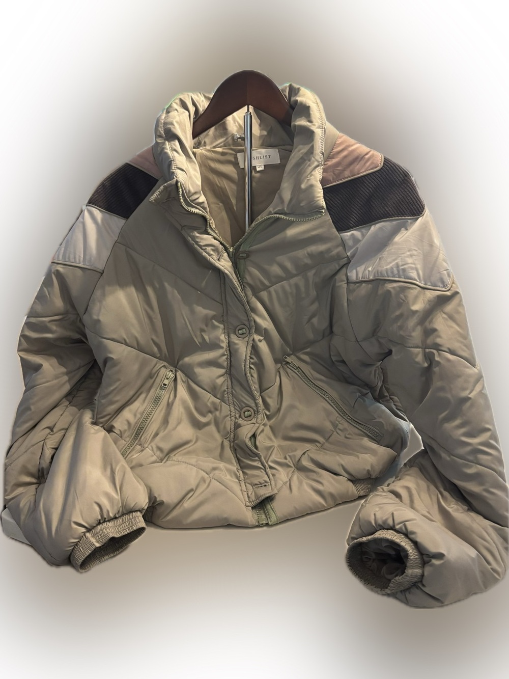 Wishlist Olive Green Puffer Jacket with Pink and Black Shoulder Panels